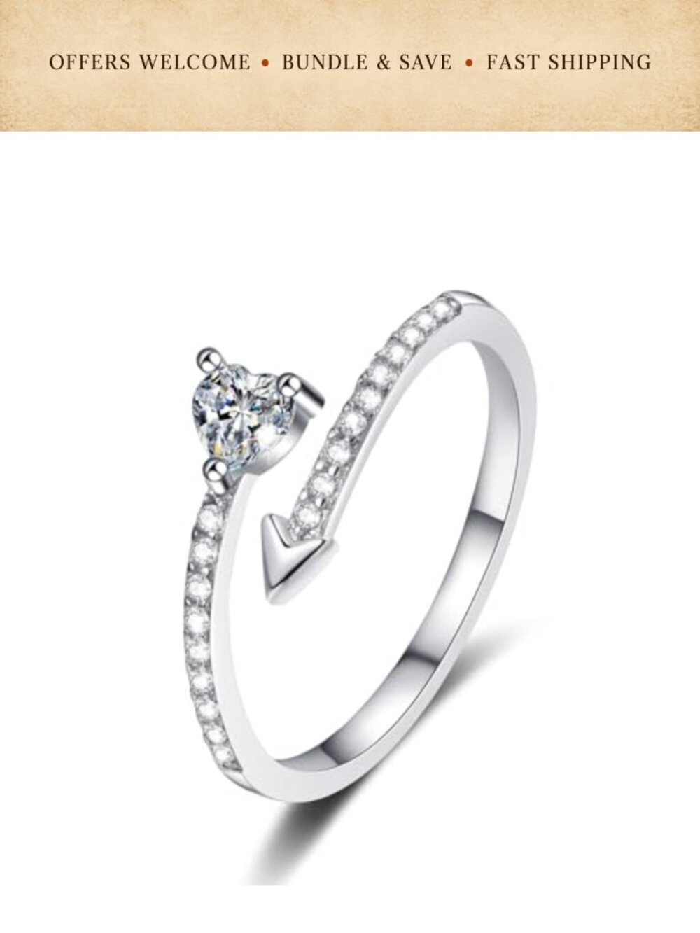 Dainty Heart Adjustable Open Ring CZ Crystal Stacking Promise Ring